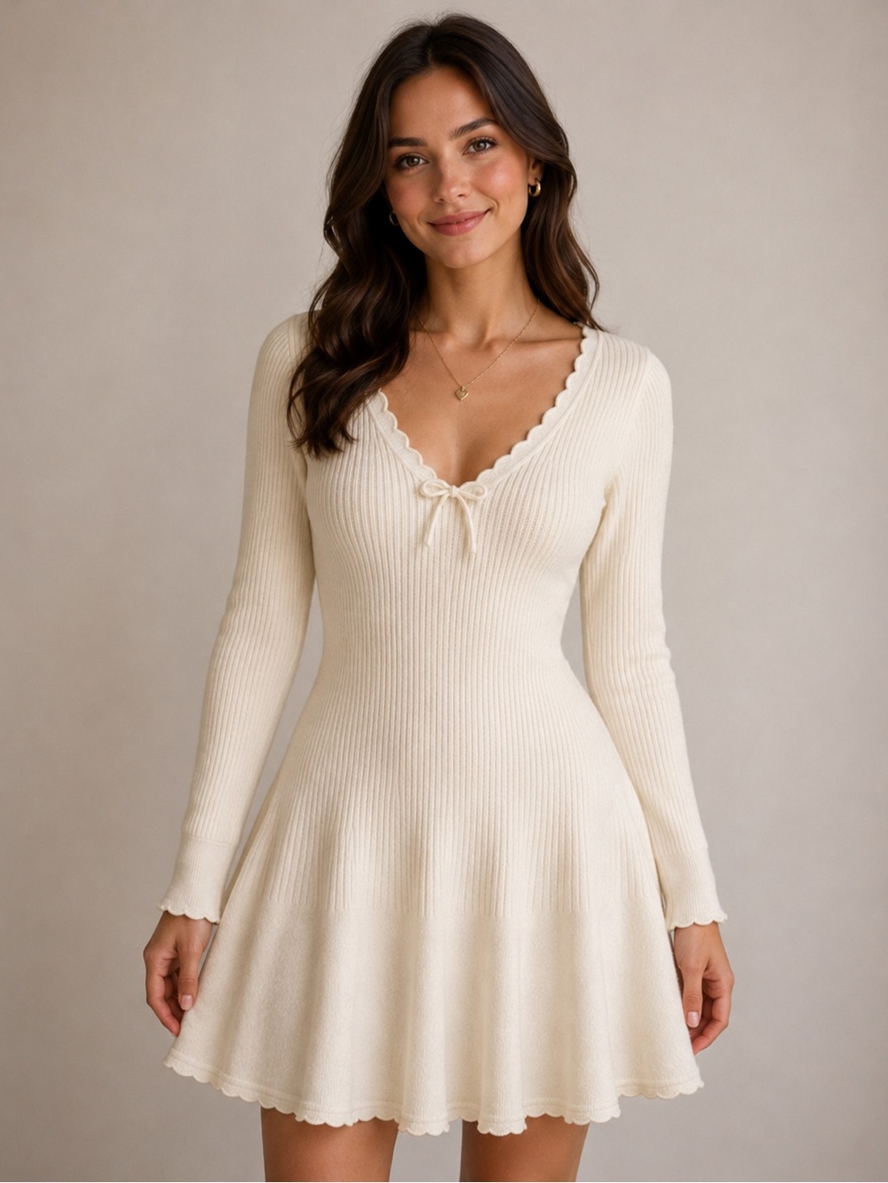 Wild Fable Cream Ribbed Knit Dress Medium NWT Fit & Flare Long Sleeve Mini - Picture 2 of 4